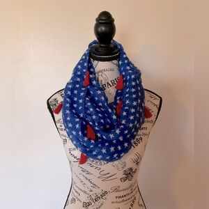 NWT Blue with White Stars All Over Print Red Tassel Gauzy Infinity Scarf